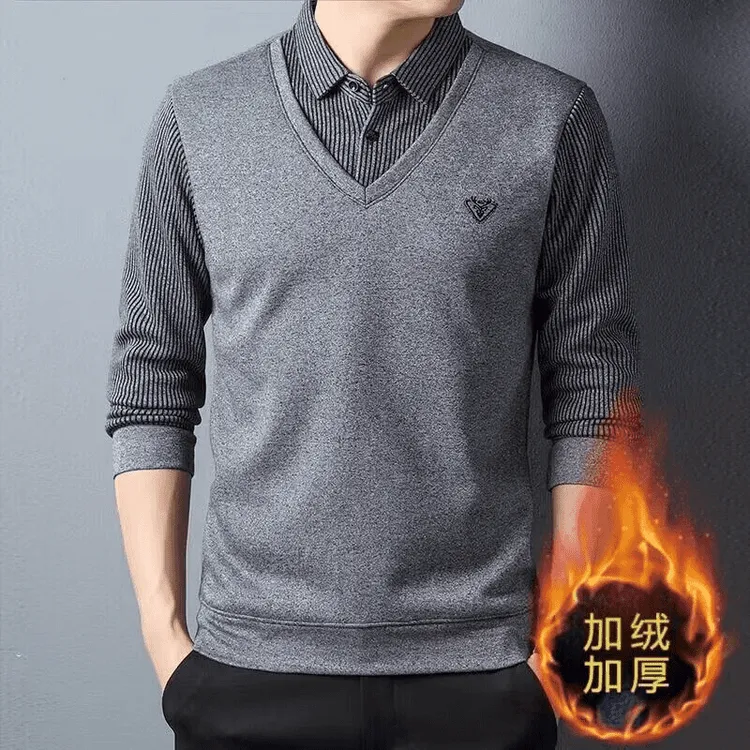 【高品质假两件】男士秋冬季新款假两件休闲翻领打底衫加绒保暖毛衣