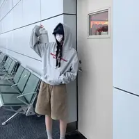 高端货~英文绣花灰色连帽卫衣秋季新款ins风宽松套头上衣女
