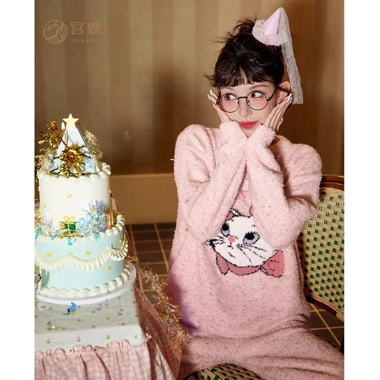 宫蝶【蓄热型】迪士尼玛丽猫秋冬睡衣女加厚半边绒保暖可爱家居服