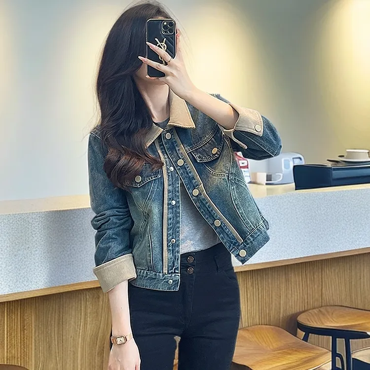 气质韩版长袖牛仔外套女2025春秋新款女装复古短款修身小个子夹克