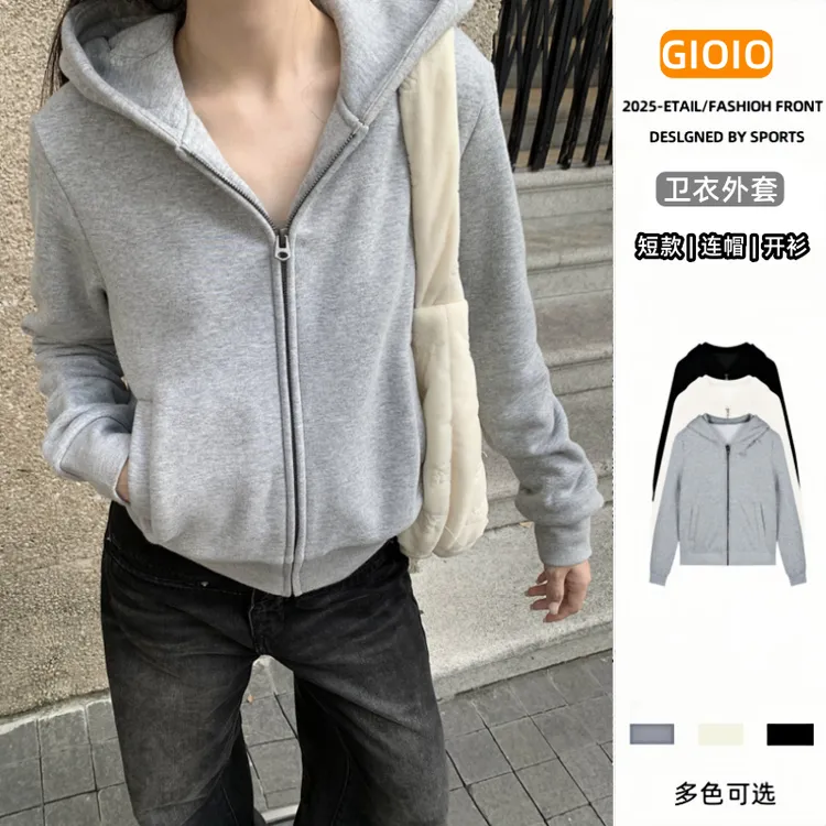 美式运动短款外套女春秋新款小个子连帽拉链开衫卫衣宽松显瘦上衣
