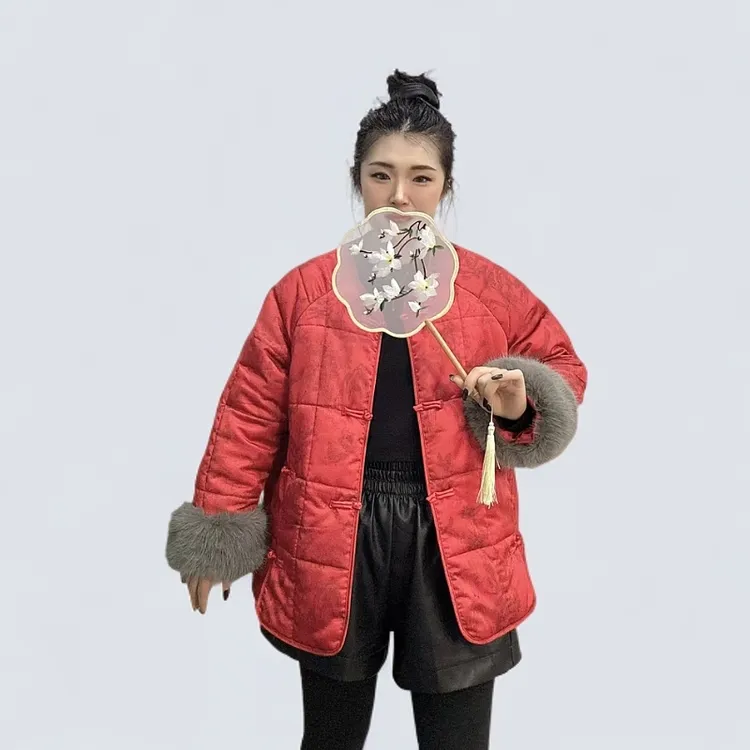 688#加肥胖妹妹毛边袖口盘扣暗花棉外套大码女装法式复古棉服