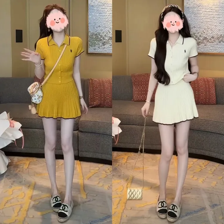 多巴胺服装女2025夏季新款时尚洋气POLO领针织短袖上衣半身裙套装