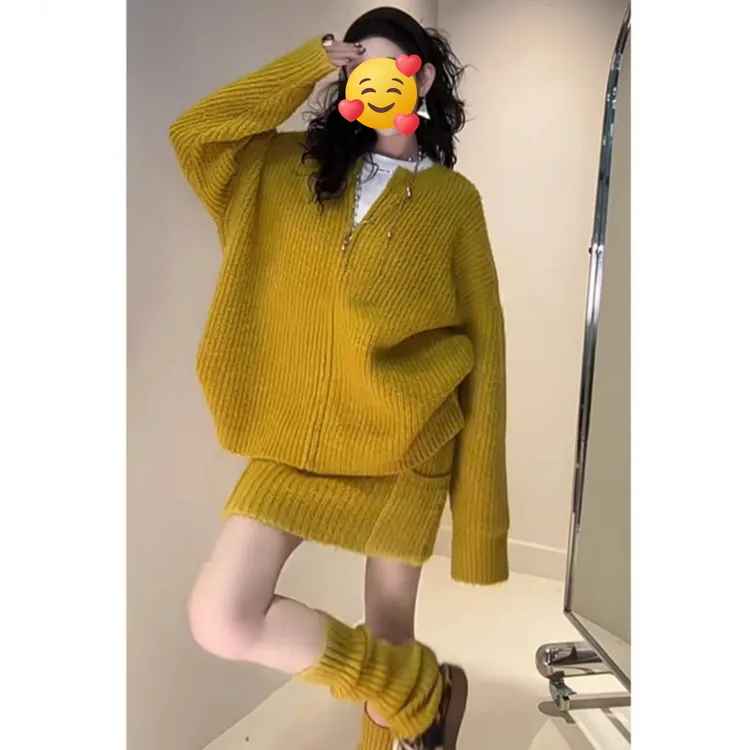 小个子穿搭一整套时尚慵懒风软糯毛衣开衫半身裙两件套带堆袜套潮