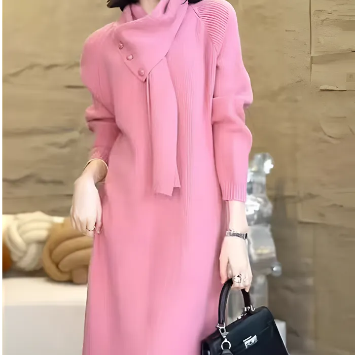 轻奢时髦围脖毛衣针织连衣裙秋冬季新款高级感简约裙子