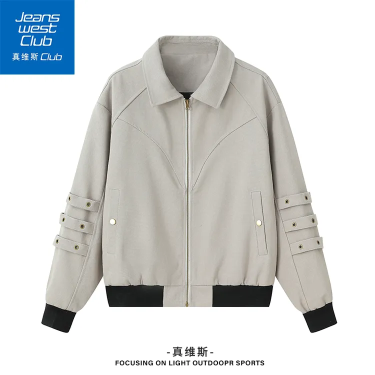 真维斯club秋季新款重工帆布拼接翻领夹克男美式解构潮流宽松外套