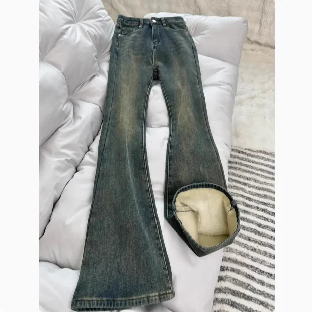 加绒加厚复古蓝直筒牛仔裤女秋冬2025新款宽松阔腿显瘦微喇马蹄裤