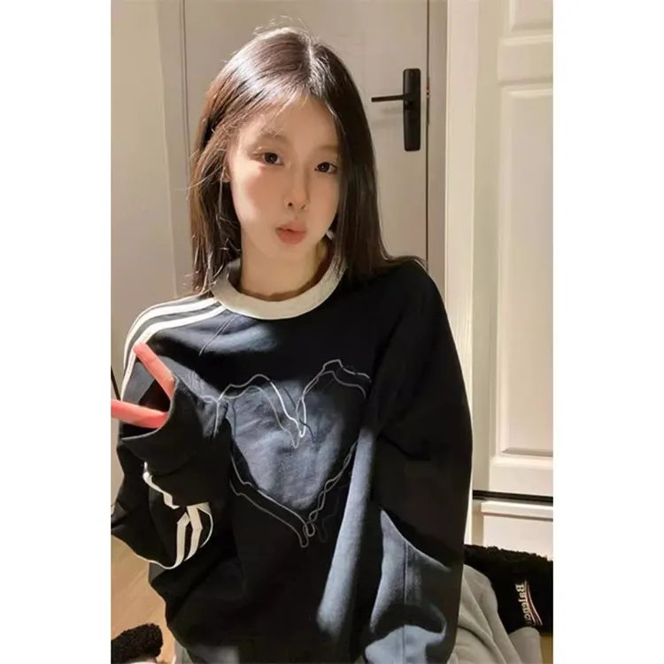  YWBY美式潮牌印花三杠圆领卫衣女春秋加绒加厚ins宽松慵懒风上衣