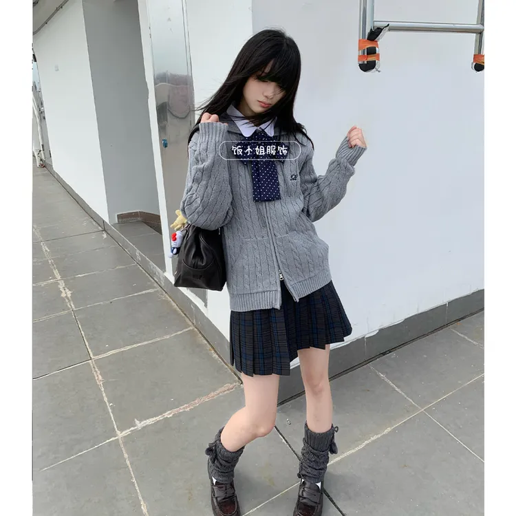 JK制服日系秋冬麻花连帽针织衫慵懒风外套灰色清冷毛衣凛凛裙套装