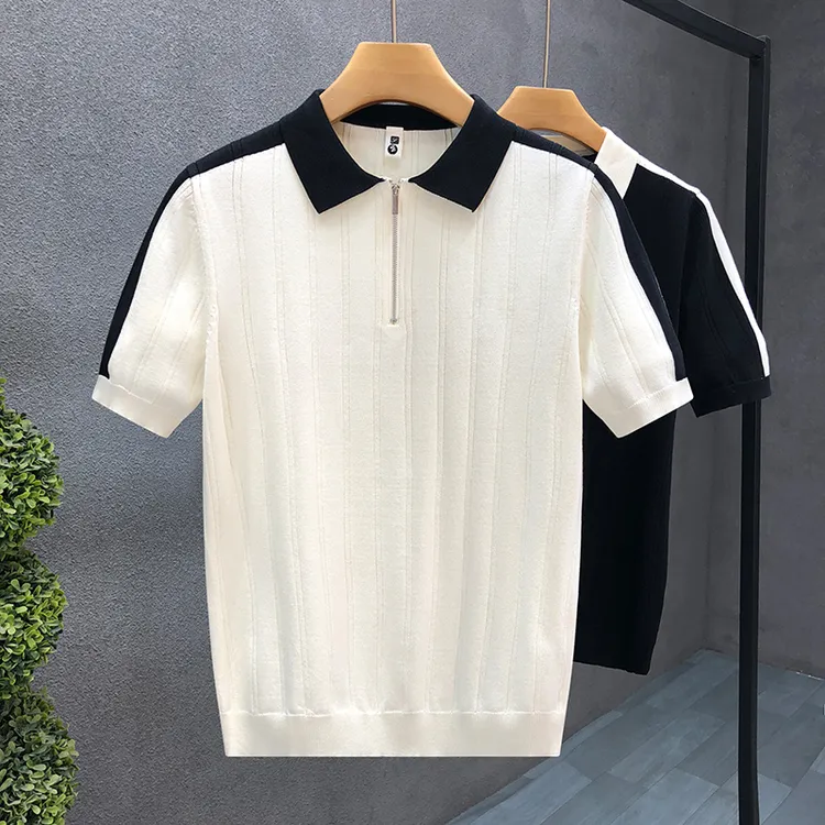 DeweLvum新款翻领针织衫短袖T恤男薄款透气百搭时尚半袖上衣男装