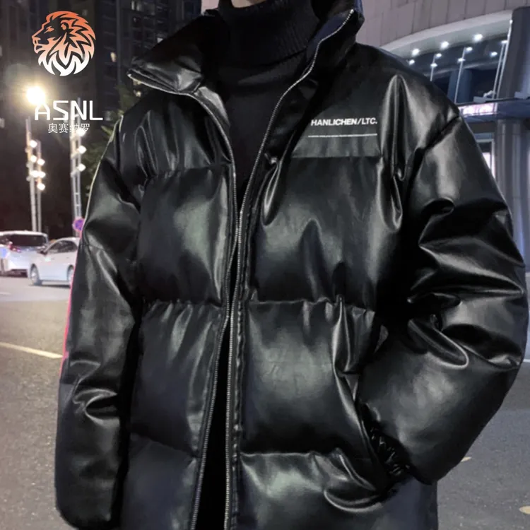 冬季PU皮羽绒服男士新款加厚保暖立领港风休闲免洗皮衣棉服外套