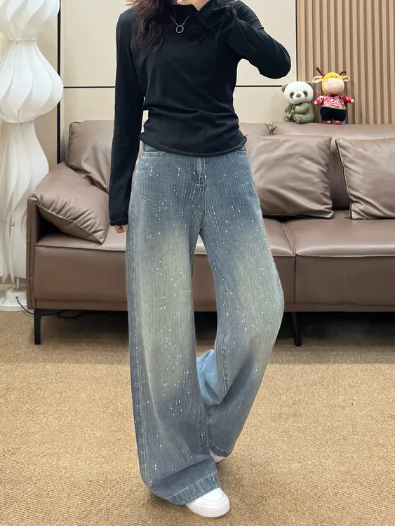 满天星烫钻阔腿牛仔裤女秋季新款大码胖mm高腰宽松显瘦直筒拖地裤