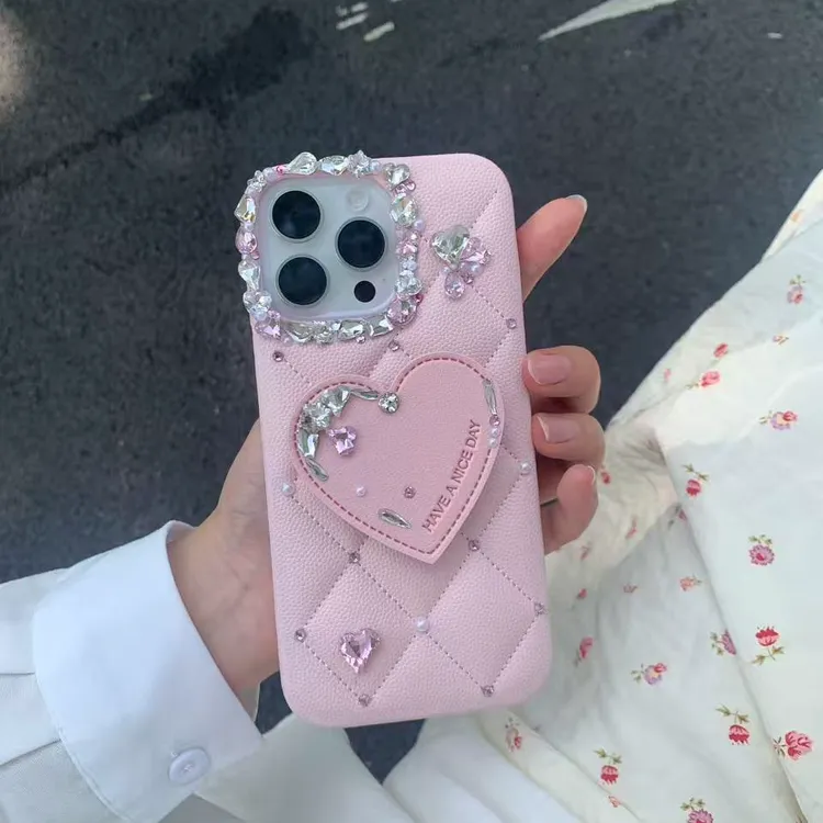 粉菱格闪钻爱心支架适用于苹果iPhone17promax手机壳16可爱15名媛