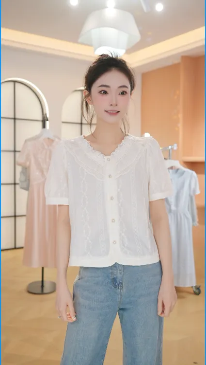 Z8289夏新款女装显瘦时尚气质百搭蕾丝短袖上衣女