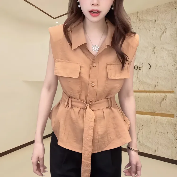 夏季时尚收腰显瘦坎肩袖衬衫女2025新款高级感纯色百搭腰带款上衣