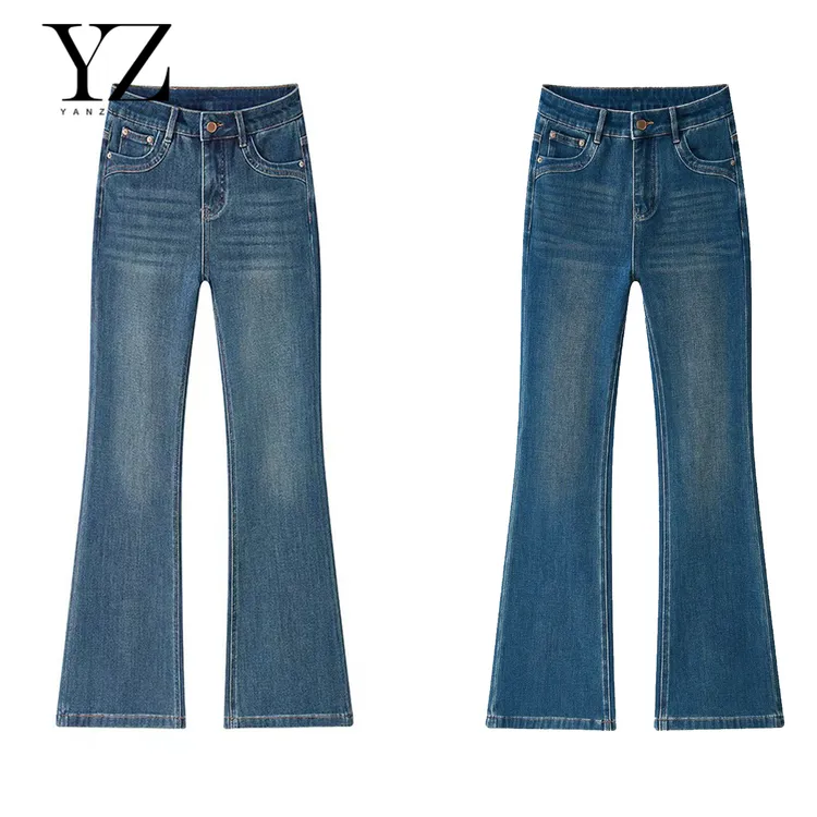 秋冬加绒钴蓝·超模【微喇裤】四面弹修身显瘦高腰牛仔裤女喇叭裤子