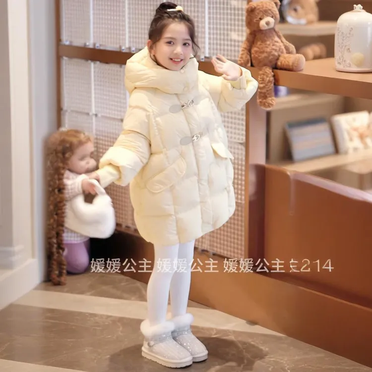 媛媛公主2025冬季新品女童百搭加厚保暖连帽长款羽绒服15415R079