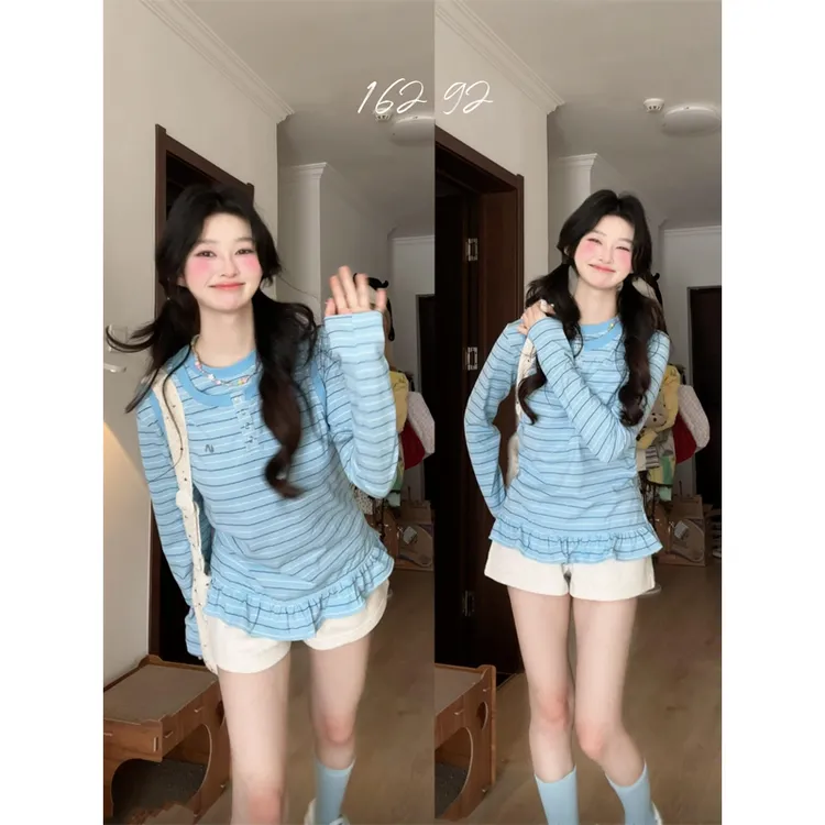 韩系高级感假两件针织长袖条纹T恤荷叶边下摆打底上衣超短裤热裤