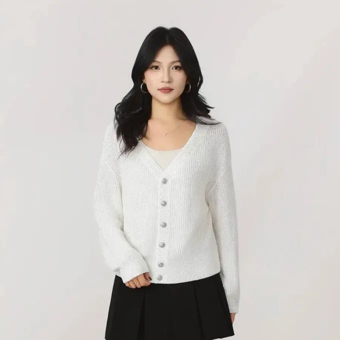 哥弟阿玛施正官方2025秋冬季新款V领亮片亚麻长袖针织开衫外套女