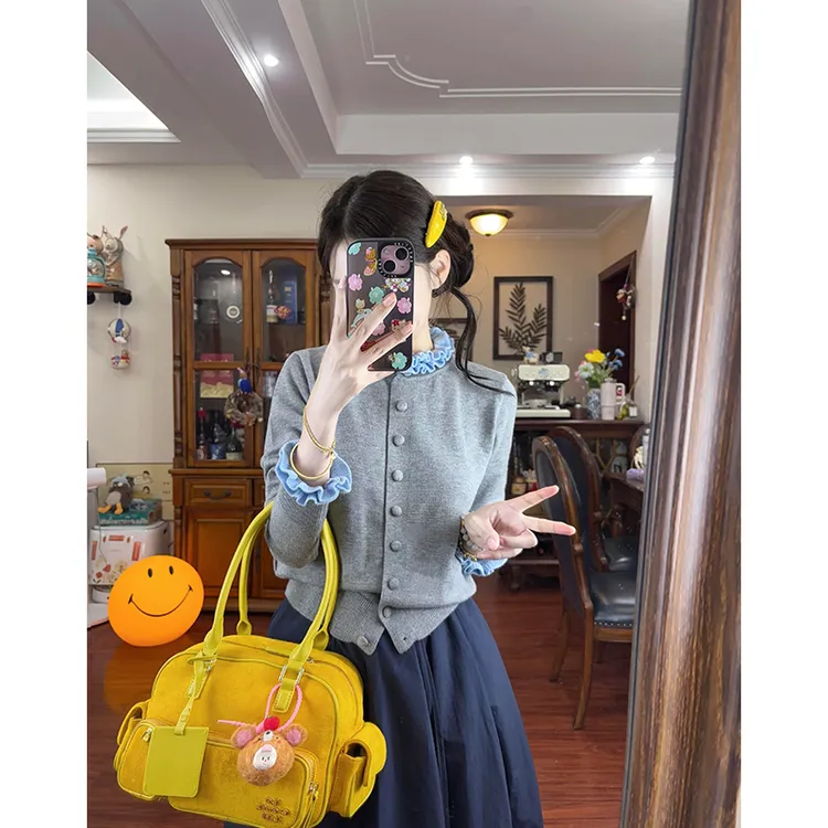 法式灰色木耳边拼接开衫毛衣外套女早秋小众设计感短款针织衫上衣