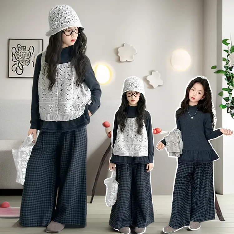 D女童韩系三件套春秋款2025新款女大童针织马衬衫套装洋气阔腿裤