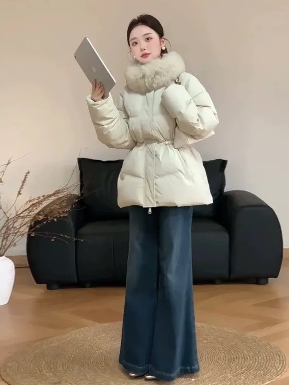 大毛领中长款收腰羽绒服女装冬季2025新款百搭显瘦保暖加厚外套