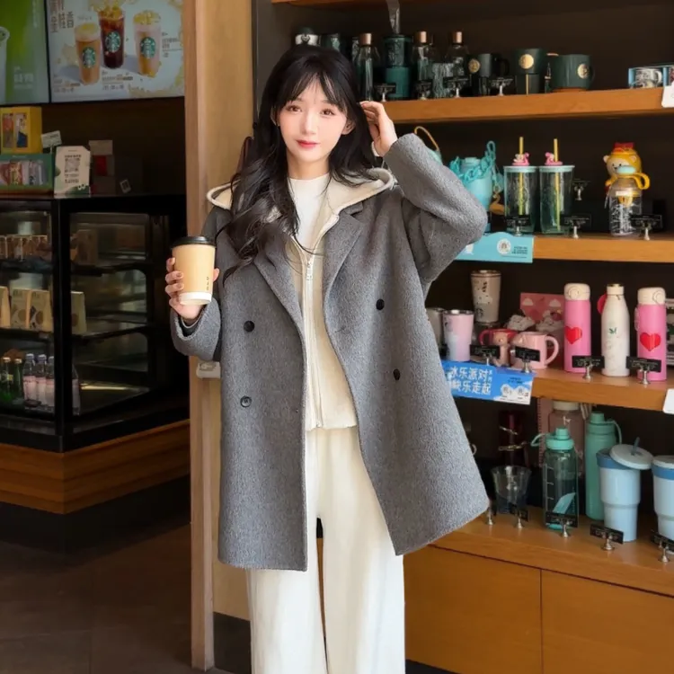 HSTYLE/韩都衣舍秋冬女高级感双排扣西装领短款双面羊毛大衣25903