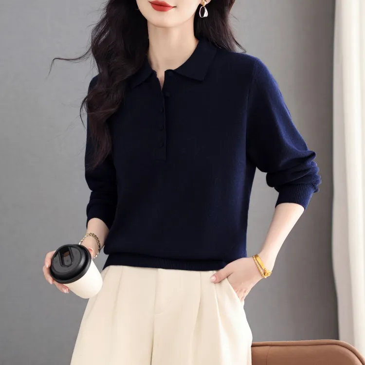 品牌女装正品羊毛衫女秋冬内搭时尚翻领上衣POLO领衬衫毛衣打底衫