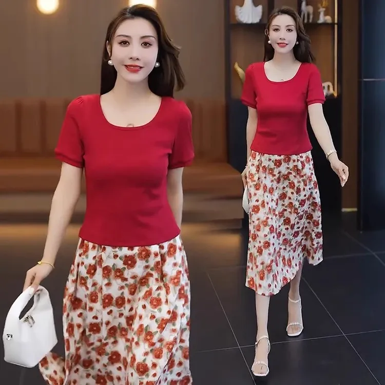 时尚连衣裙套装女2025夏季新款洋气显瘦短袖T恤碎花半身裙两件套