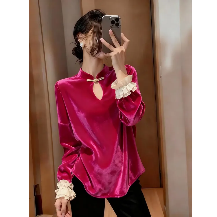 新中式玫红色丝绒长袖衬衫秋冬新款设计感花边袖国风盘扣小衫上衣