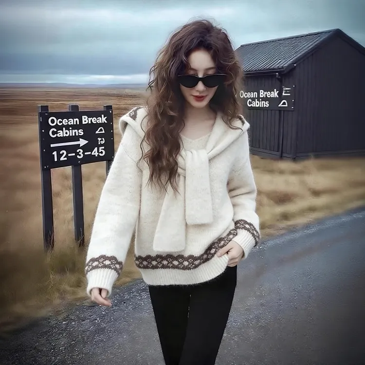 毛衣女款2025新款绝美巨好看减龄气质费尔岛白色披肩针织上衣冬季