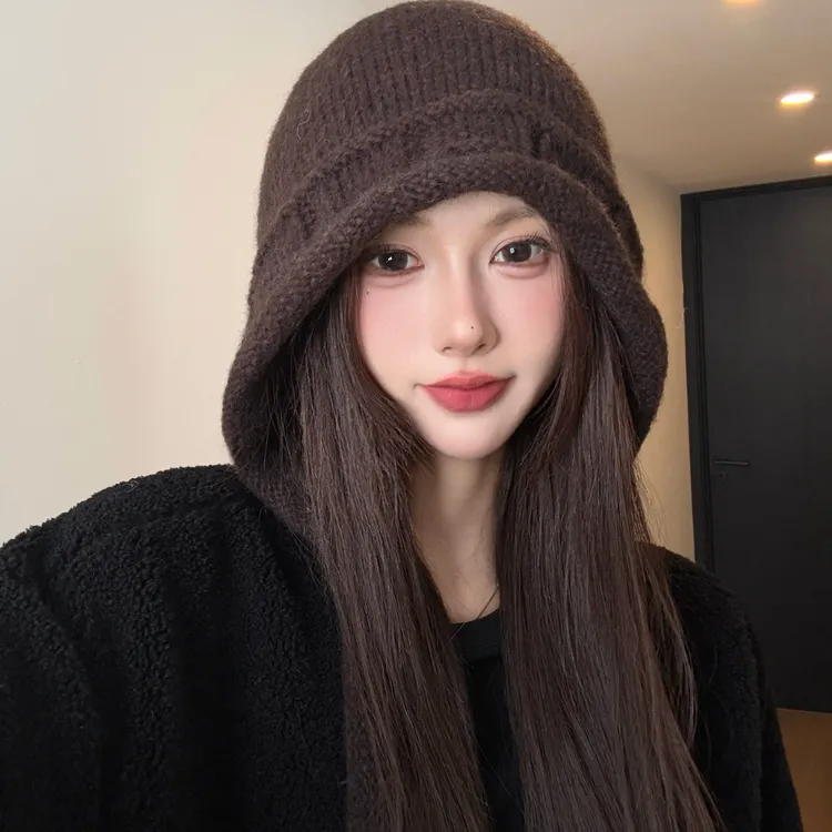 绑带针织帽女秋冬季大头围显脸小纯色毛线帽韩版保暖护耳包头帽子