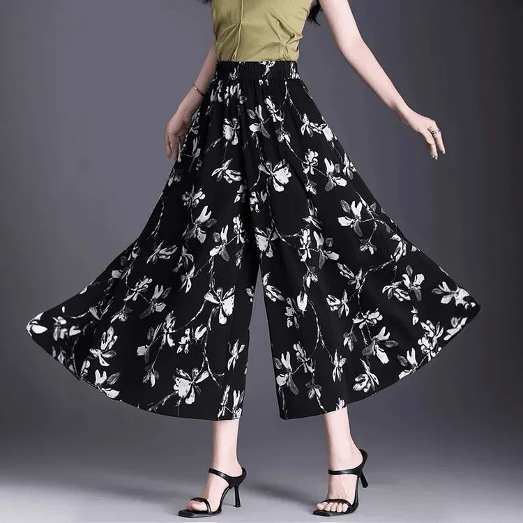 水墨画裙裤夏季裤子裤裙夏季新款冰感面料碎花垂顺感休闲阔腿裤
