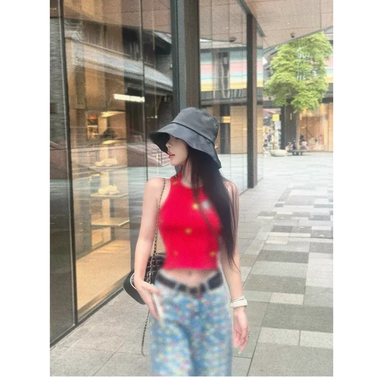 法式时尚设计感气质修身上衣女高腰百搭彩色棋盘格阔腿牛仔裤套装