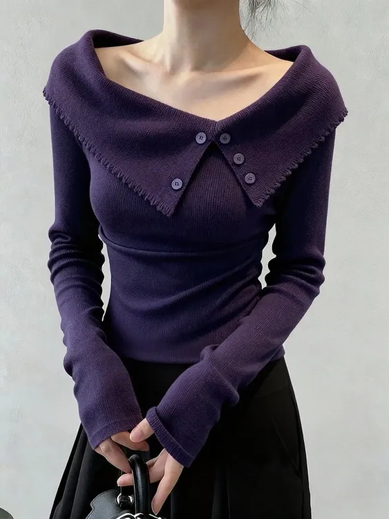 巨好看的早秋穿搭独特漂亮修身气质设计感一字肩紫色针织长袖上衣