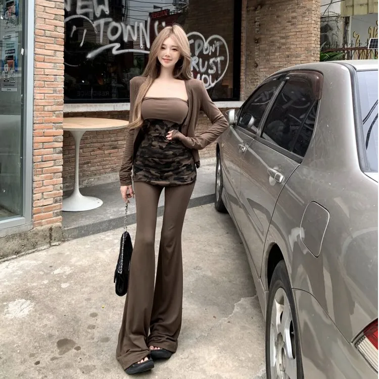 迷彩拼接复古抹胸背心女夏季辣妹性感套装休闲微喇叭长裤子两件套