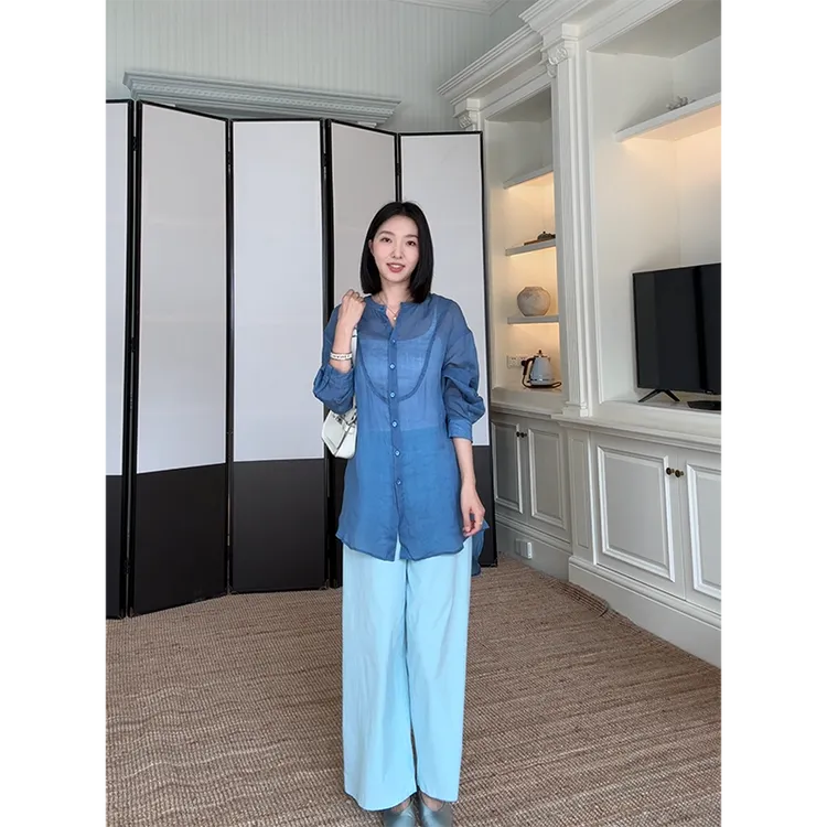 郭九九呢 100%苎麻文艺风轻薄透气显瘦衬衫九分直筒裤 G925A13169