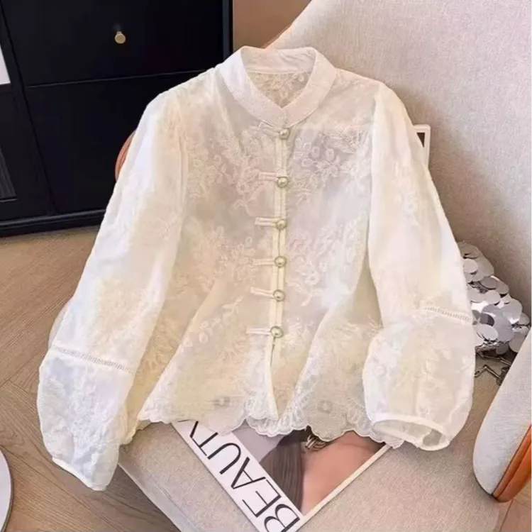 187-2漫花新中式国风盘扣衬衫春季新款长袖上衣立领洋气百搭小衫