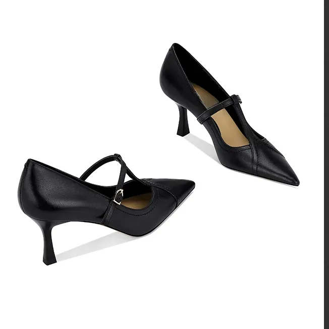 舒适细跟单鞋2025春季新款软皮小众设计感一字T型扣带尖头