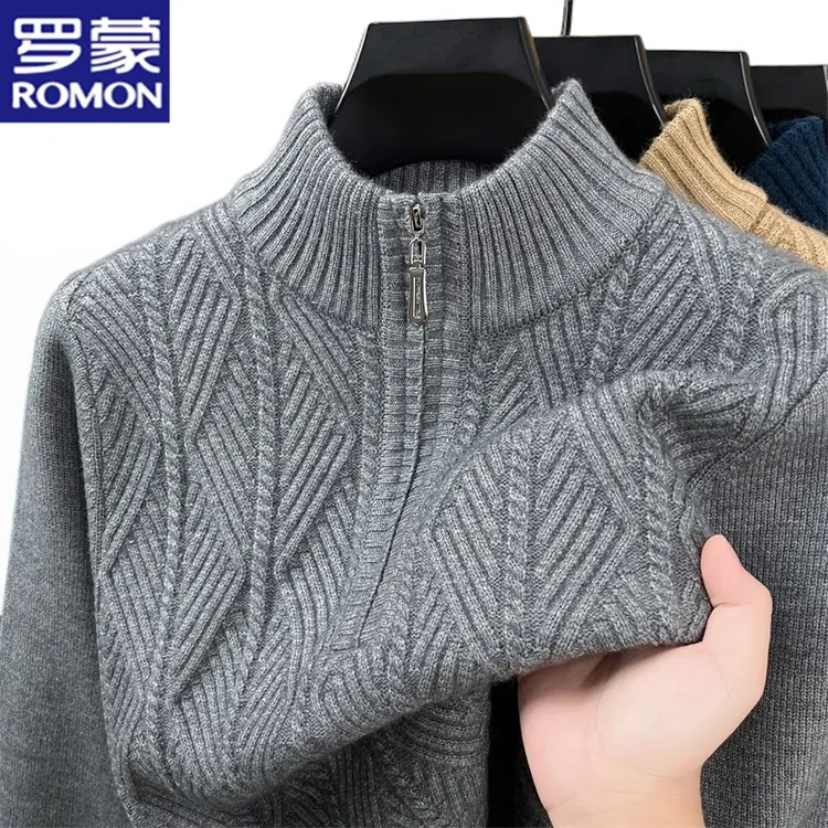 罗蒙男士秋冬季加厚针织毛衣半拉链套头毛衫时尚提花宽松保暖上衣