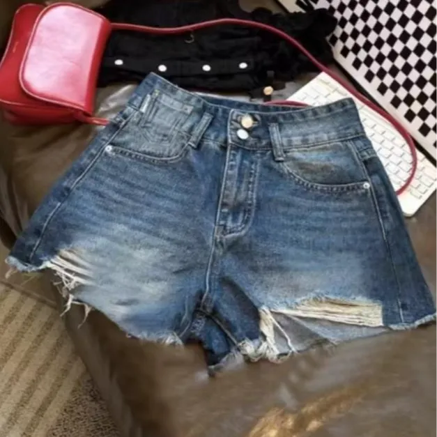 1013夏季新款流苏高腰韩版破洞牛仔短裤蓝色~扣眼已统一开好