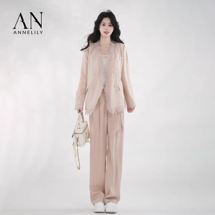 ANNELILY安甜甜【梦鑫】新款设计感休闲百搭蕾丝长裤套装AT2503172