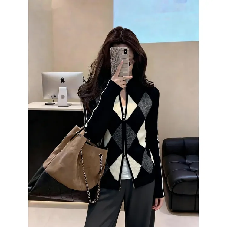 小众设计感时尚菱格上衣女2025冬拼接气质百搭慵懒双拉链针织开衫
