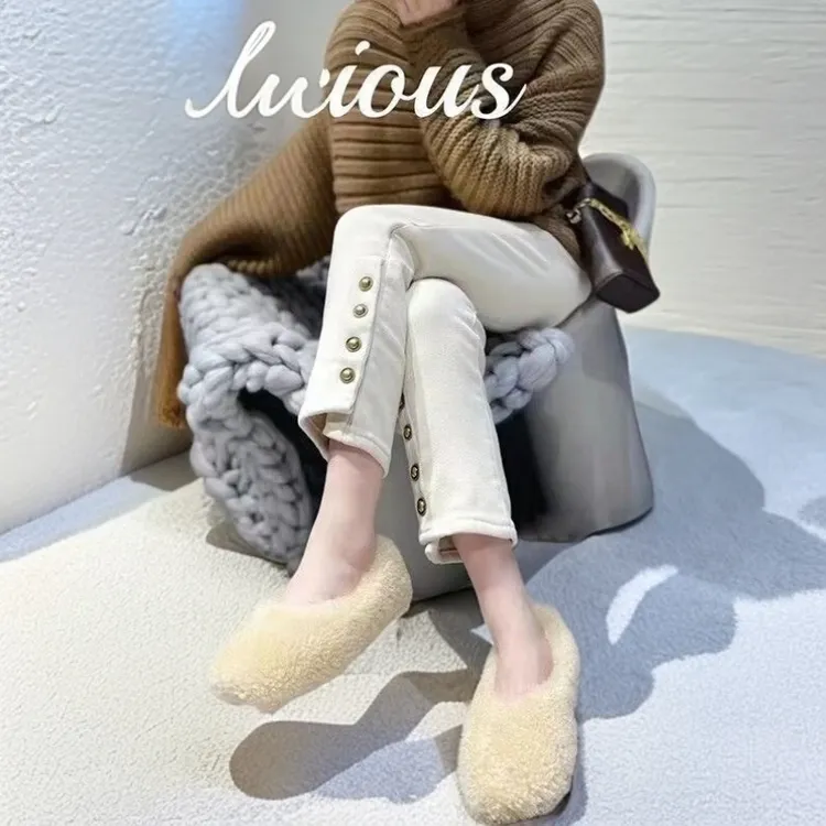 浅杏色米色牛仔烟管裤女加绒加厚八分小个子高腰显瘦直筒冬季新款