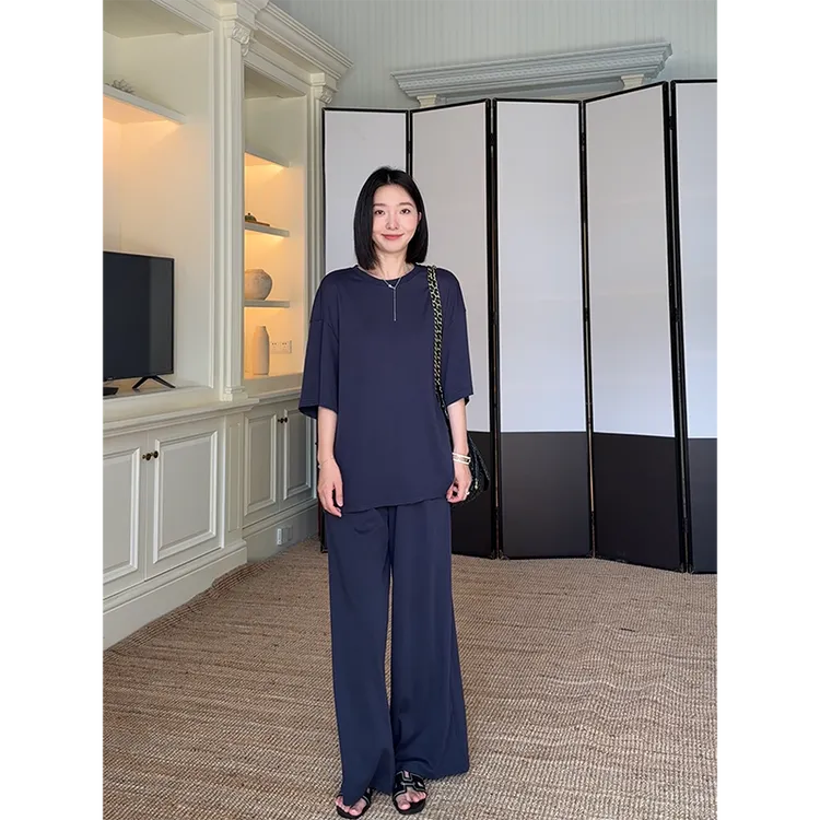 郭九九呢 棉慵懒休闲宽松短袖T恤简约高腰阔腿裤长裤 G925A09397