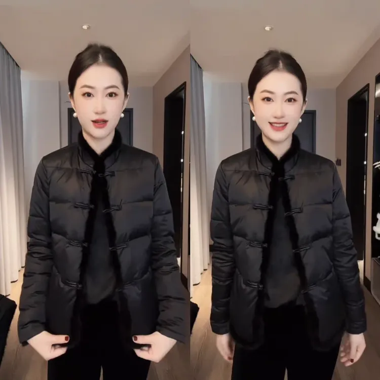 欧货时尚洋气复古拼毛毛盘扣棉服女2025冬新显瘦高级感百搭棉衣