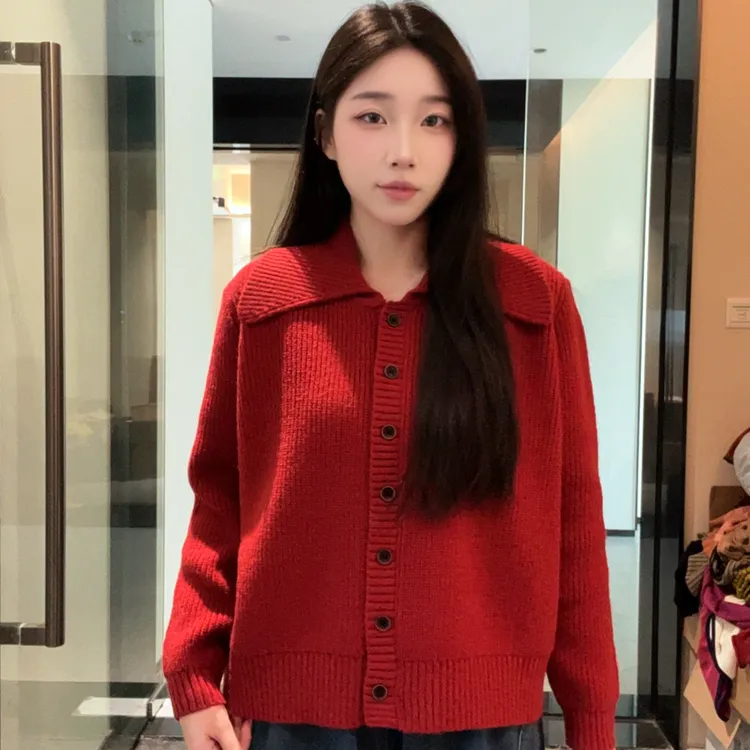 翻领针织衫女2025秋冬新款针织开衫女上衣长袖女毛针织衫温柔风