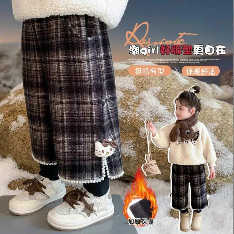 女童假两件加绒格子裤秋冬2025新款儿童加厚束脚裤宝宝洋气休闲裤