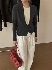 row风老钱深V叠穿针织毛衣针织开衫女通勤