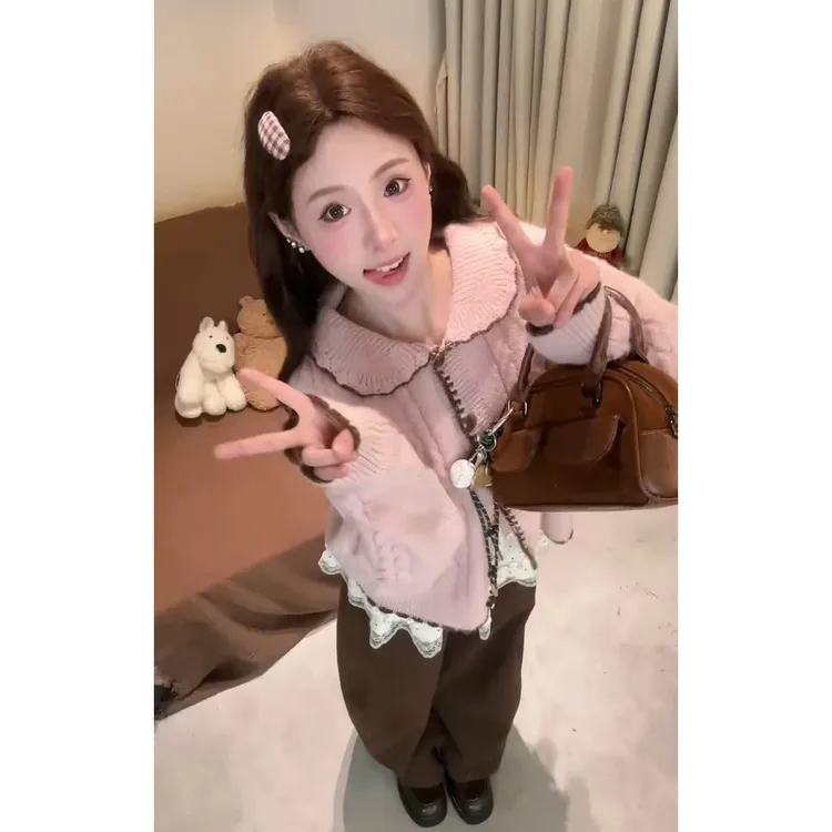 超火氛围感穿搭一整套气质甜美木耳边打底毛衣显瘦阔腿裤三件套潮